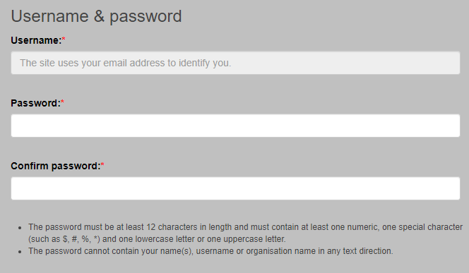 Username and password form displaying requirements below the password fields.