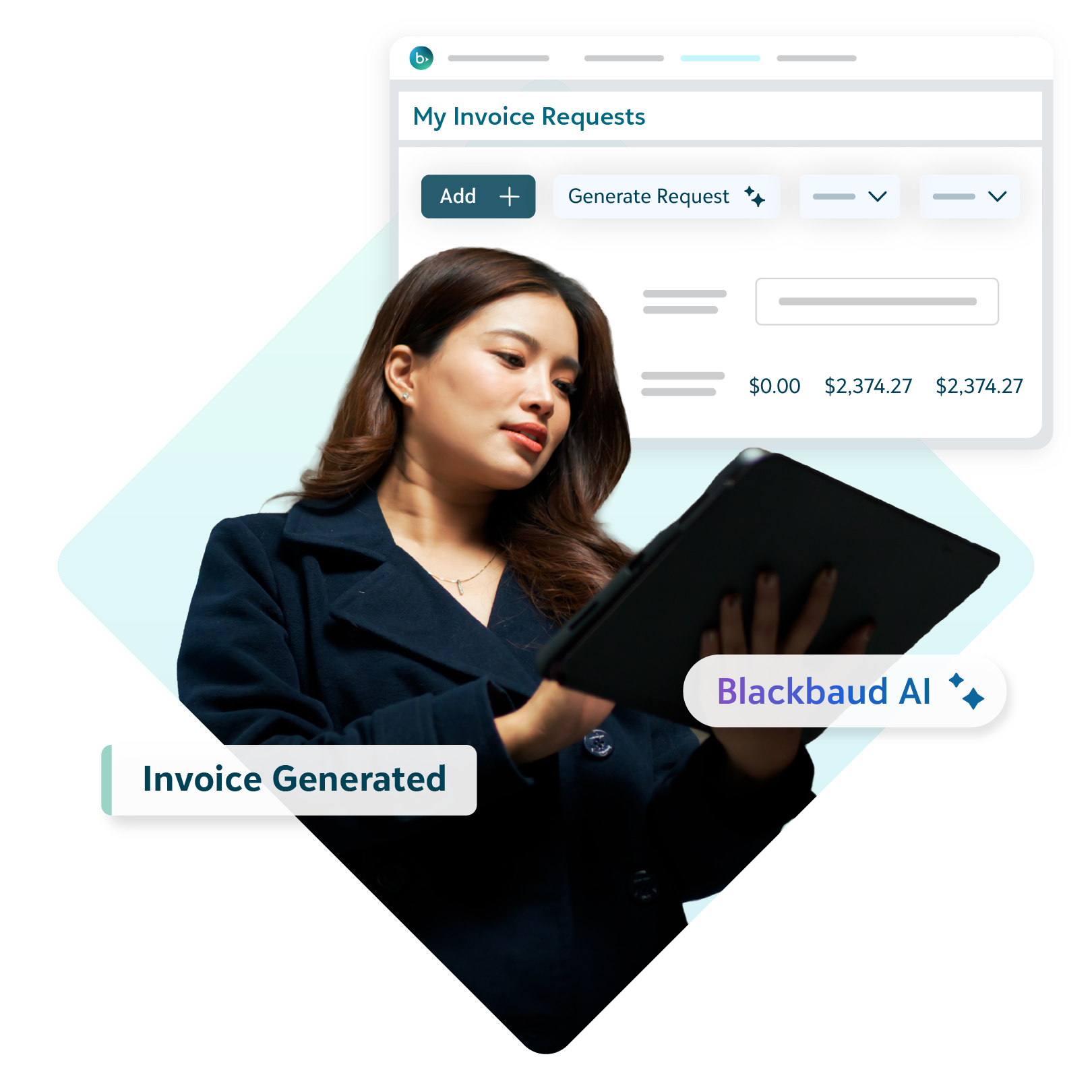 Finance professional using a tablet alongside a My Invoice Requests interface with Blackbaud AI-generated invoice automation.