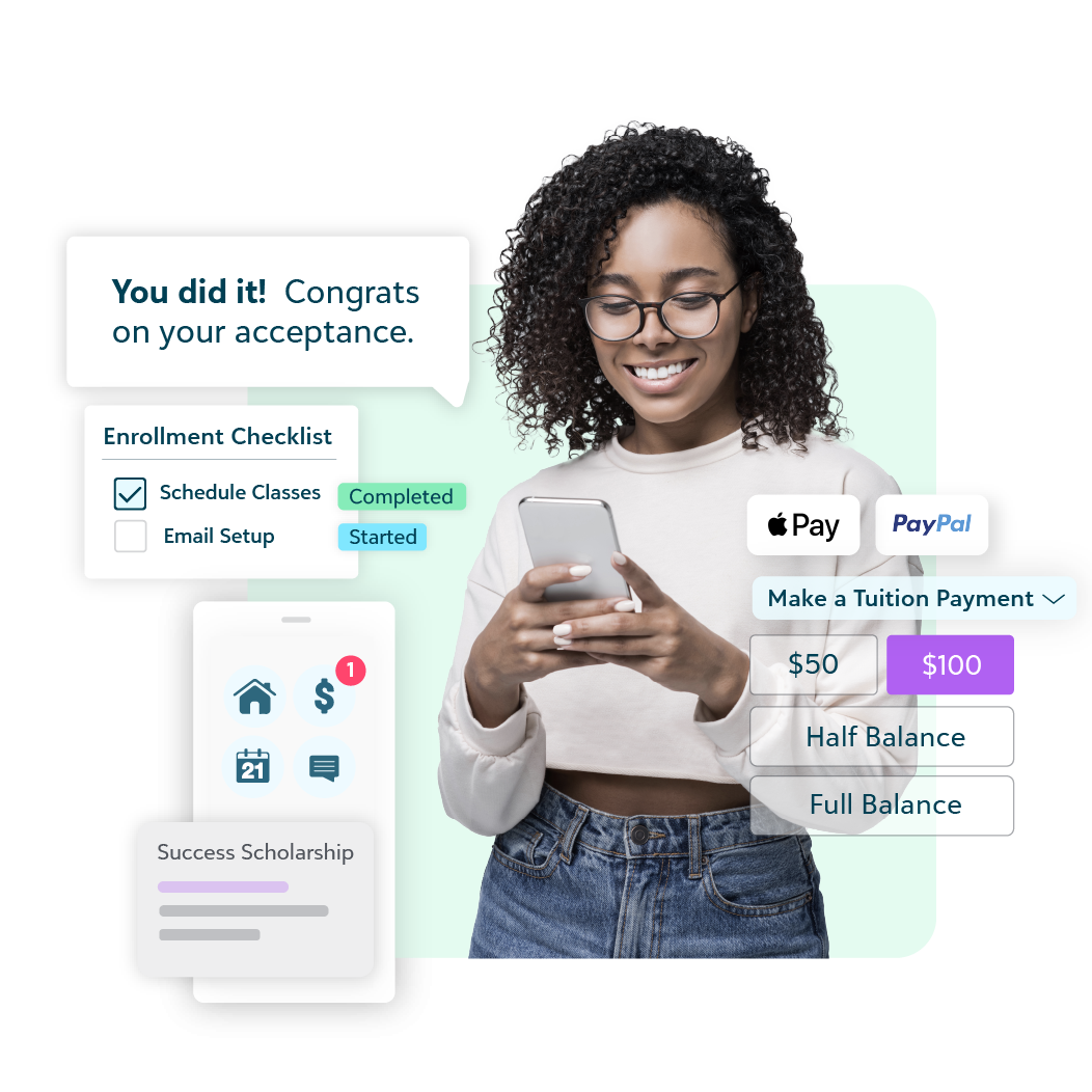 Young woman on a cell phone making a tuition payment