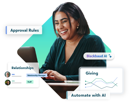 Woman using a laptop with AI-powered fundraising insights and approvals