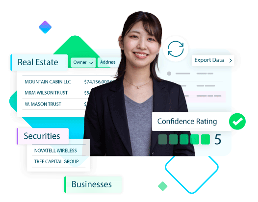 Woman displayed alongside analytics data for real estate and securities assets with confidence ratings for donor wealth assessment.