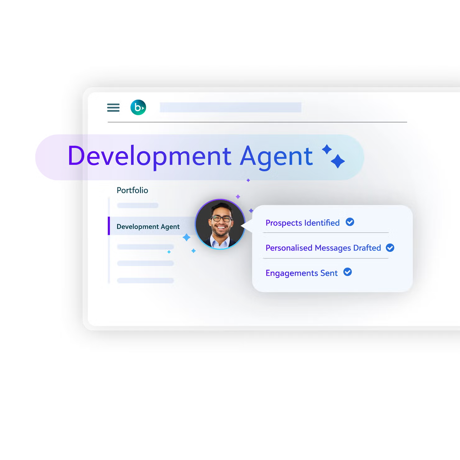 Illustration of a Development Agent dashboard showing automated donor outreach tasks completed, including identifying prospects, drafting personalized messages, and sending engagements.