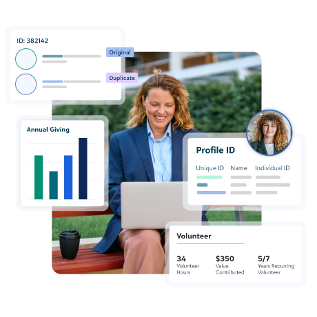Business woman using laptop with identity data overlays including 'Profile ID', 'Annual Giving', 'Volunteer', 'Unique ID', 'Individual ID', 'Original', and 'Duplicate'
