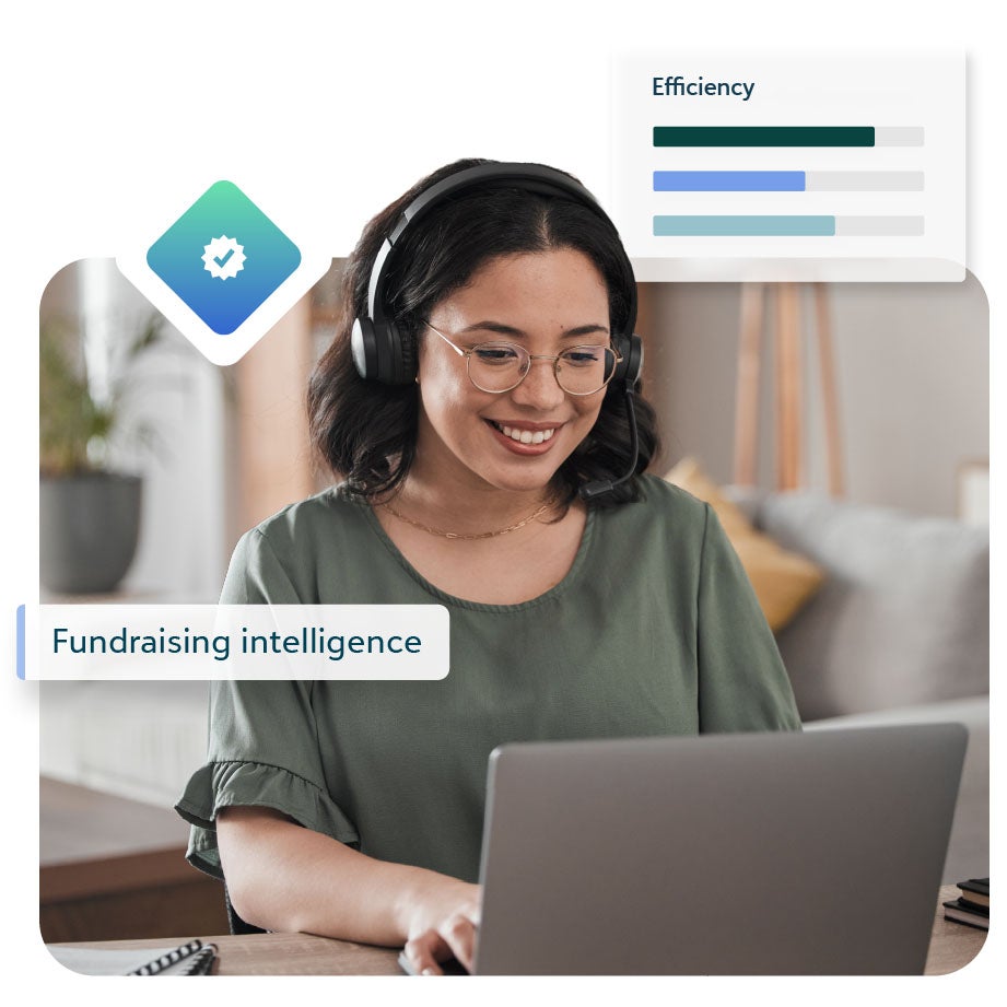 A woman with headphone speaker is smiling down at her laptop, with a floating text of 