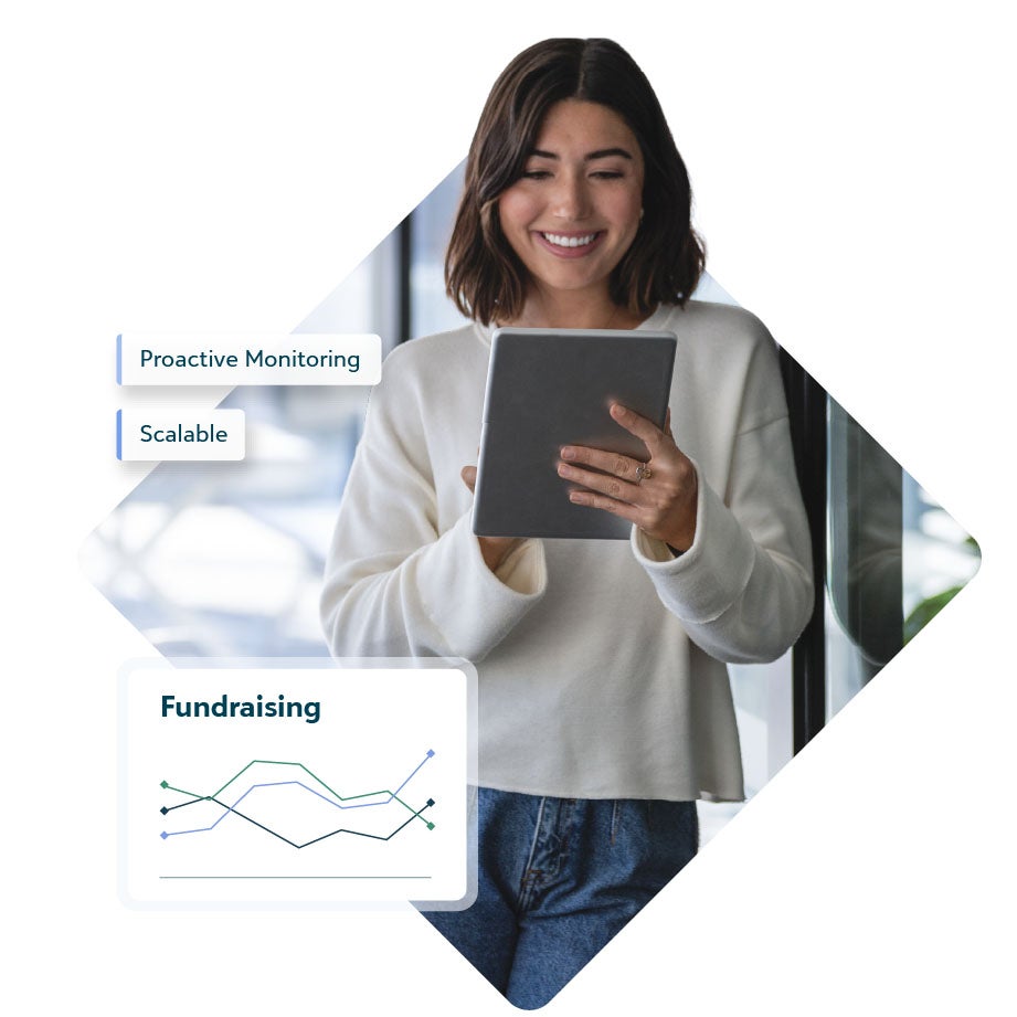A business woman using a tablet with floating text of 