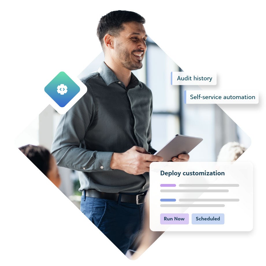 A man holding a tablet, wearing business casual clothes smiling, with floating text with 