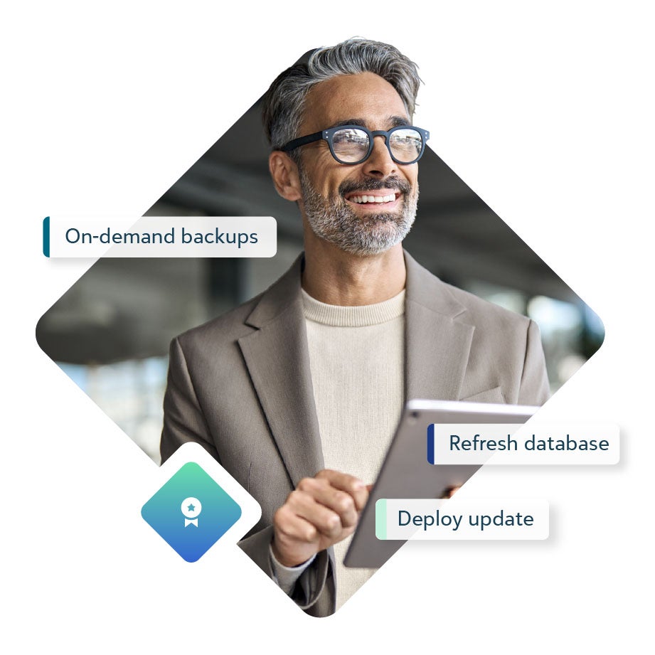 Smiling man with floating text, 