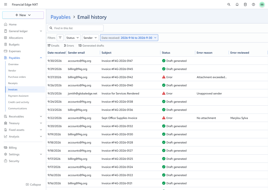 Product screen shot showing invoice intake and routing